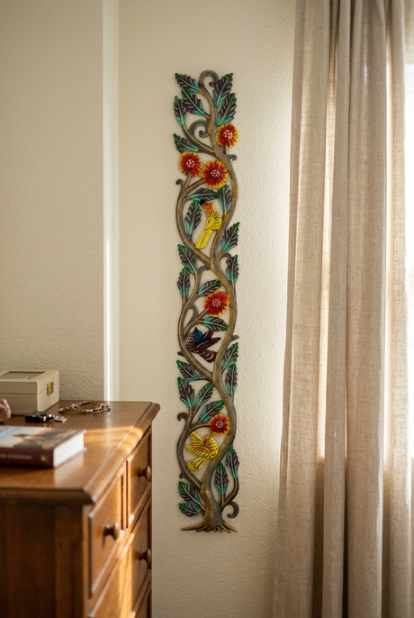 29-inch tall tree metal wall art beside a bedroom dresser.