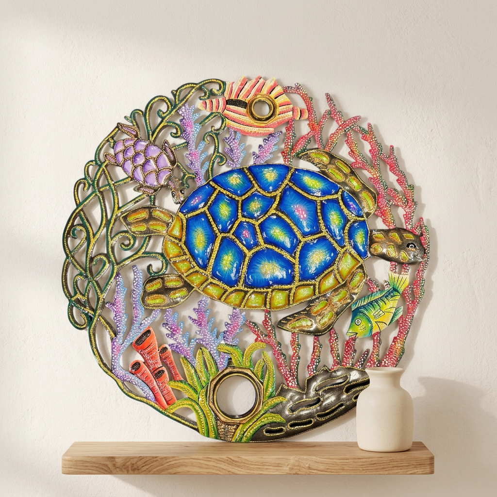 Blue sea turtle, fish, and coral details in painted Haitian steel drum wall art.