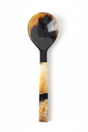 Handmade Haitian all-horn large salad serving spoon with two-tone square handle on white background