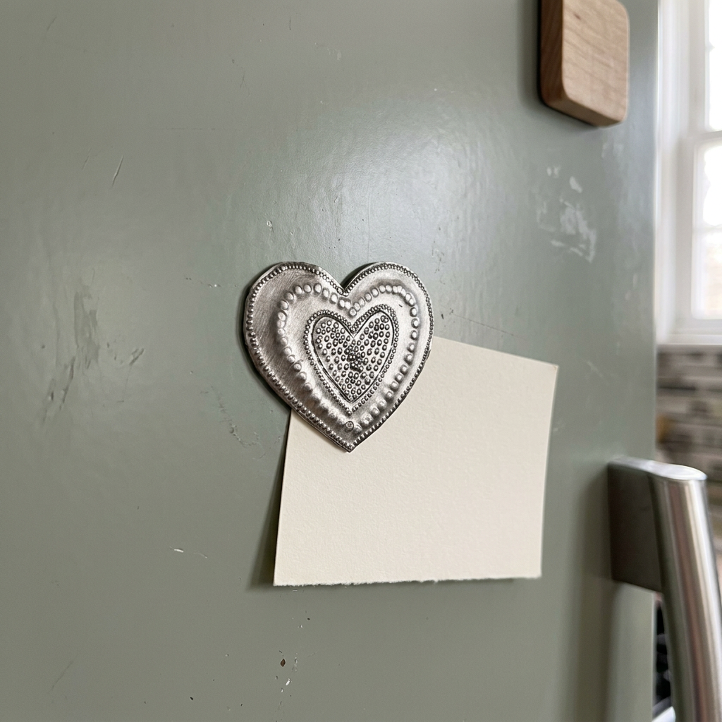 Recycled steel heart magnet holding a cream note card on a sage refrigerator
