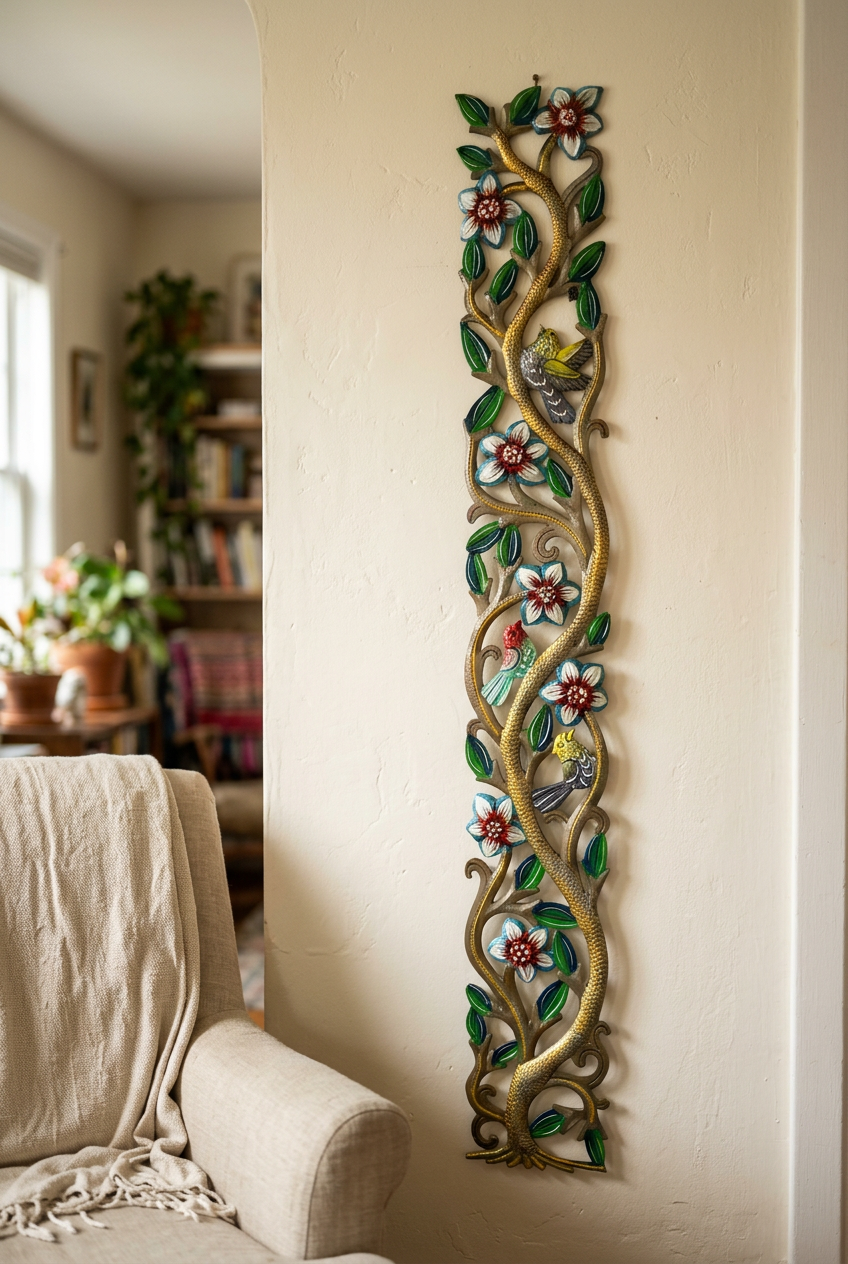 Tall Haitian steel drum tree with birds and flowers beside a linen armchair