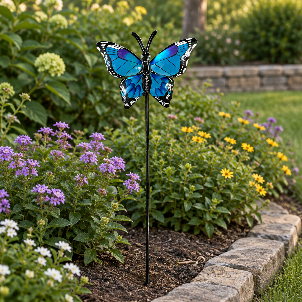 Blue and purple Haitian metal butterfly garden stake beside a stone garden border
