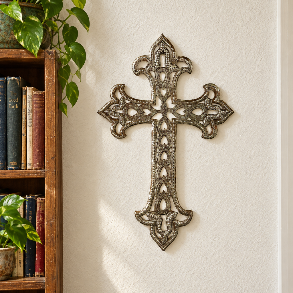Ornate Haitian metal wall cross beside a hallway bookshelf