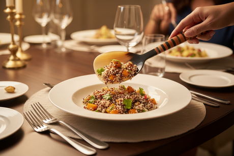 Haitian horn rice paddle serving quinoa grain salad with roasted vegetables at elegant dinner table