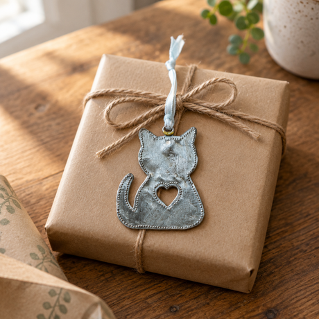 Handmade Steel Cat Ornament with Heart Cutout | Haitian Artisan Made, 4" x 4"