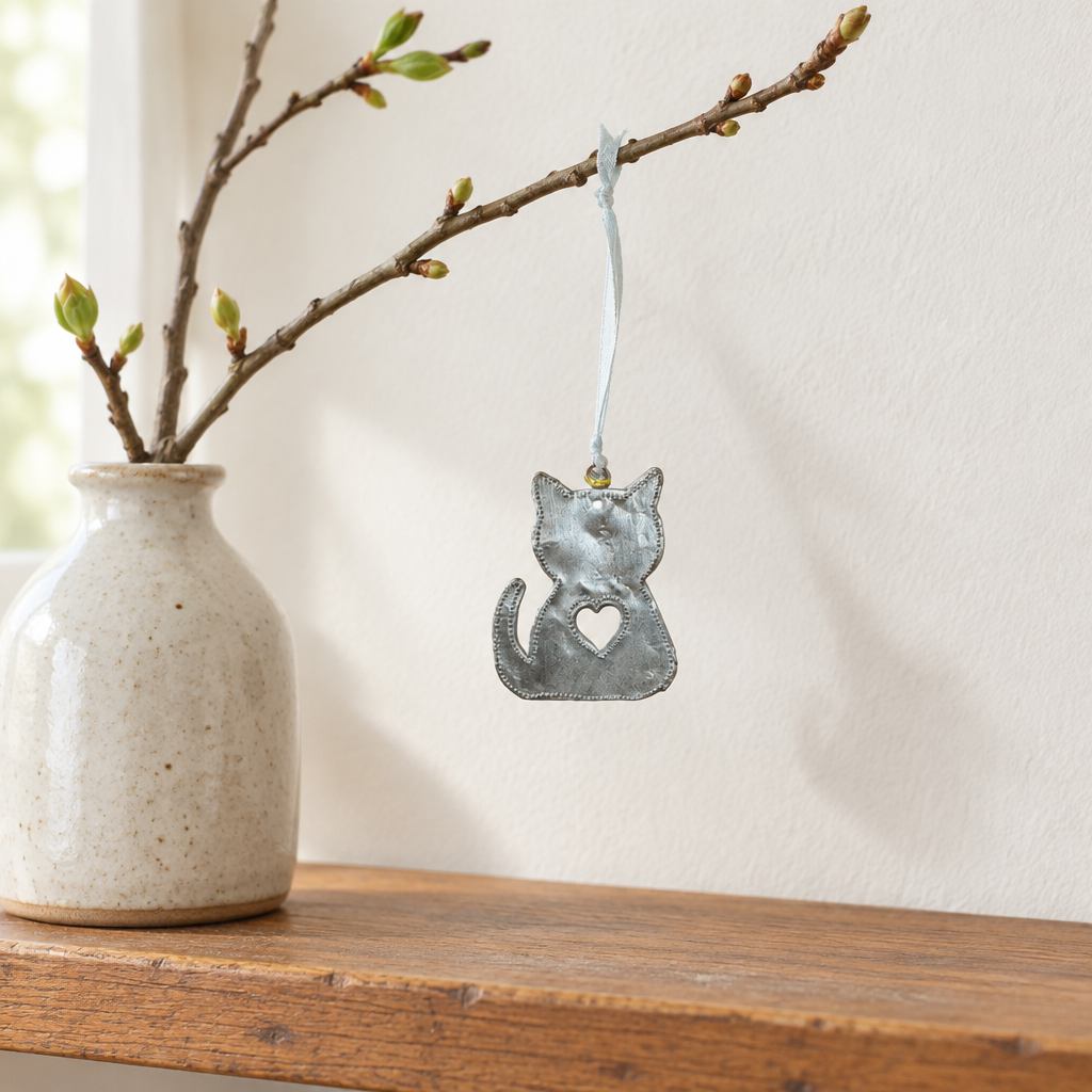 Handmade Steel Cat Ornament with Heart Cutout | Haitian Artisan Made, 4" x 4"