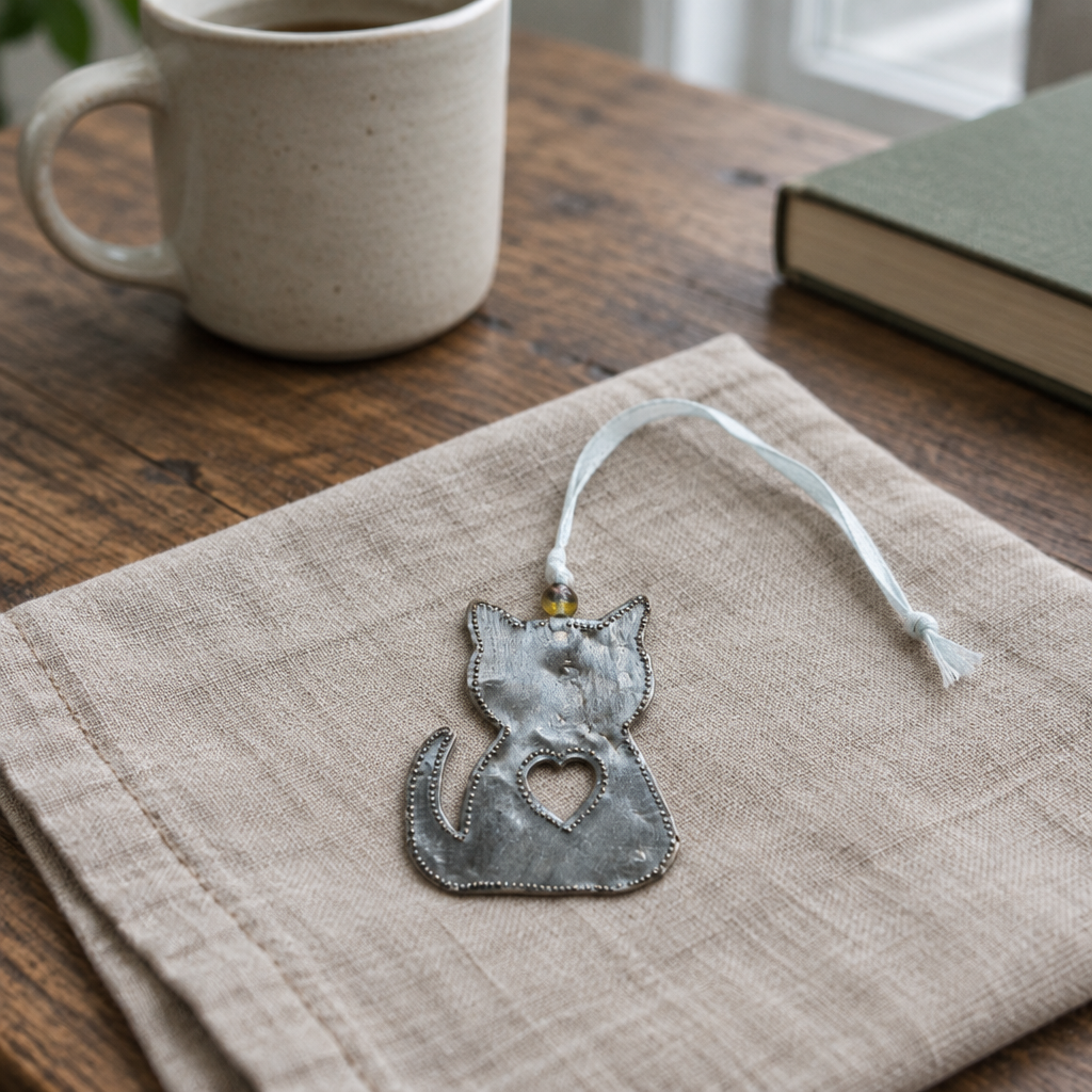 Handmade Steel Cat Ornament with Heart Cutout | Haitian Artisan Made, 4" x 4"