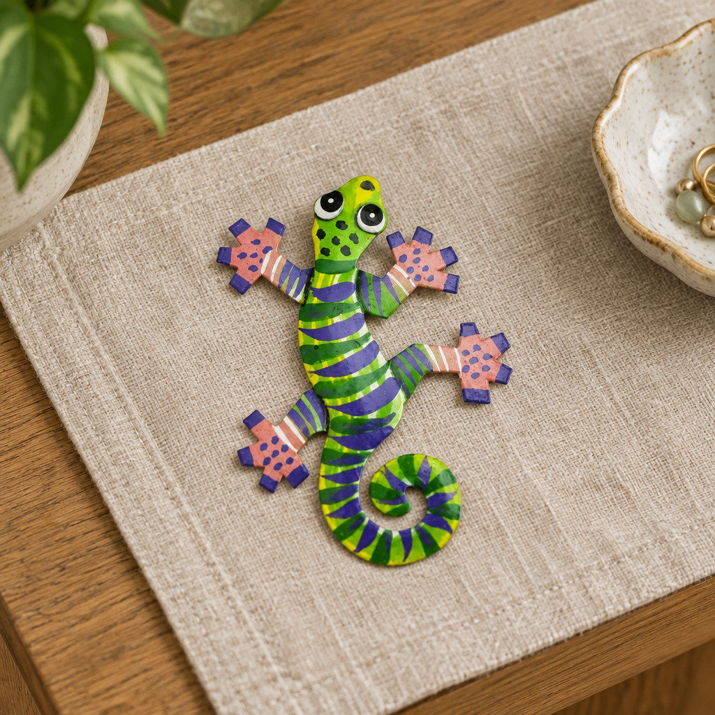 Little Gecko Ornament, Purple & Green, 3″ | Handmade Haitian Steel Art