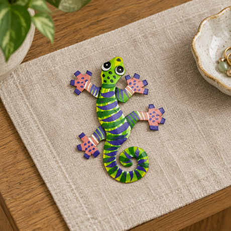 Little Gecko Ornament, Purple & Green, 3″ | Handmade Haitian Steel Art