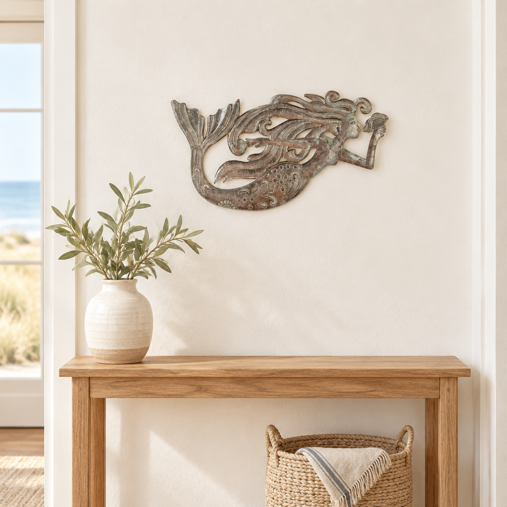 Handmade Haitian Metal Wall Art, Steel Mermaid Style, 15" x 9"