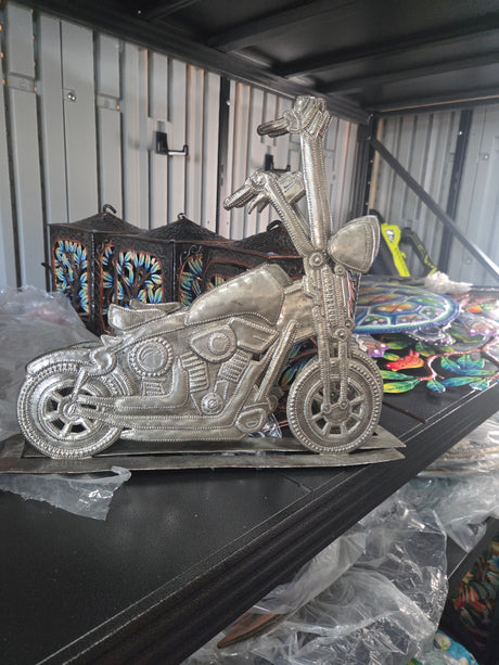 Haitian Handcrafted Metal Motorcycle Sculpture – Recycled Steel Chopper Art