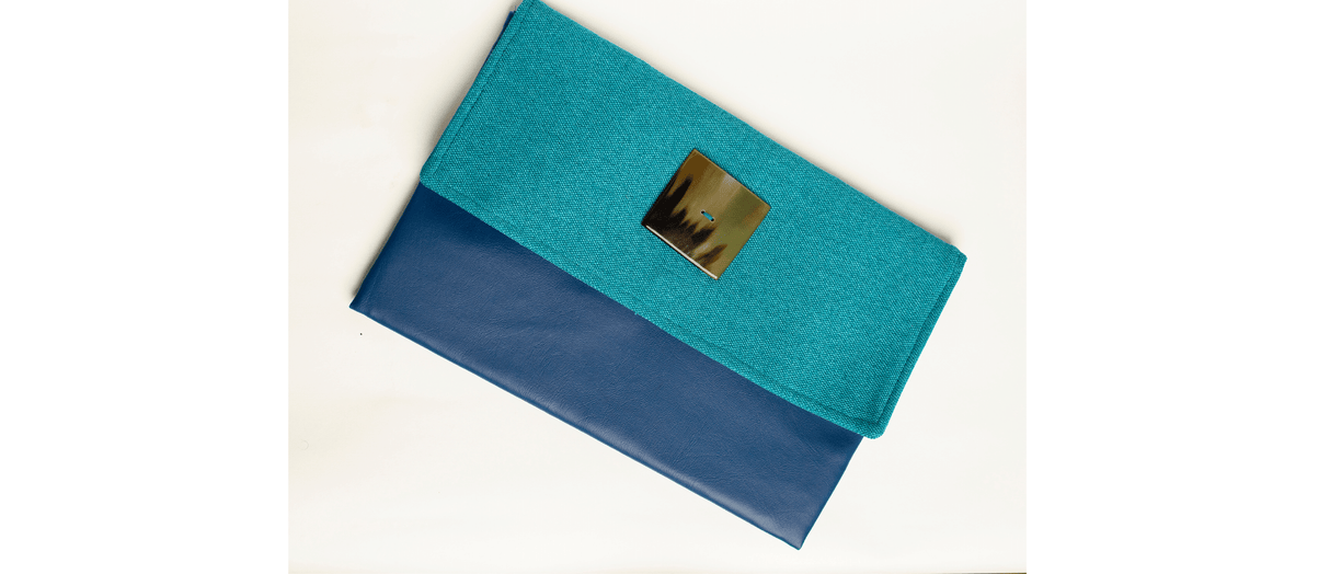 Blue Handmade Women Clutch Purse Leather With Green Envelop Cover