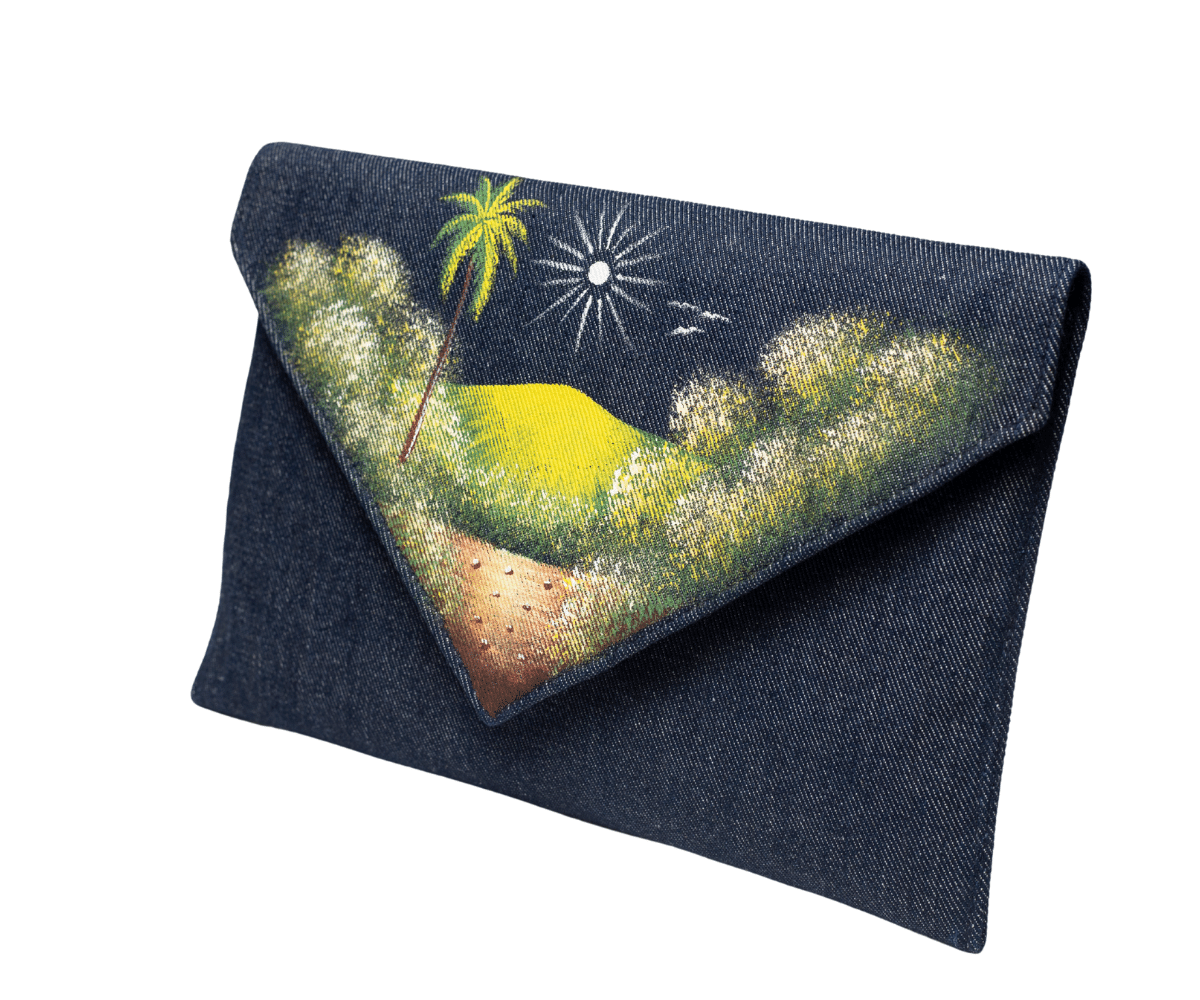 Blue Handmade Women Envelope Clutch Purse with Paint Style Paysage