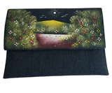 Blue Handmade Women Clutch Purse with Flower Bed Paint
