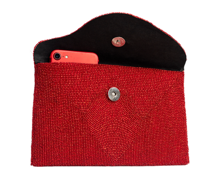 Red Handmade Haitian Women Envelop Clutch Purse Made of Beads